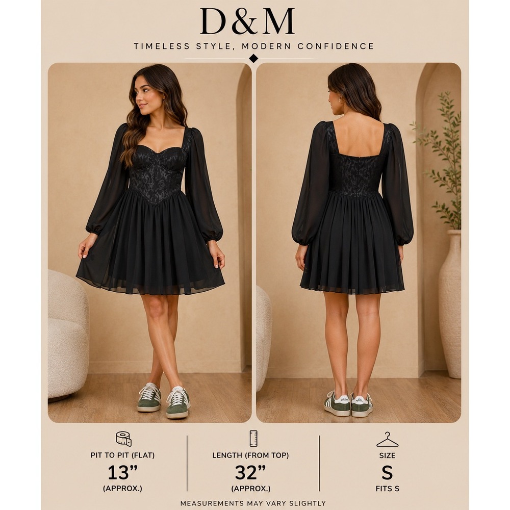 D&M Black Long Sleeve Corset Mini Dress Leopard Jacquard Size S Boho Cocktail